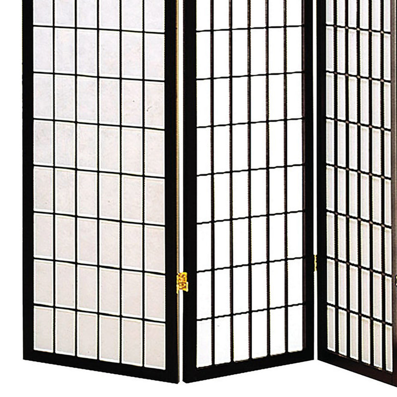 4 Panel Foldable Wooden Frame Room Divider with Grid Design, Black-zoom-