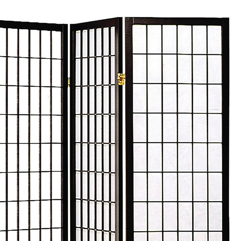 4 Panel Foldable Wooden Frame Room Divider with Grid Design, Black-zoom-