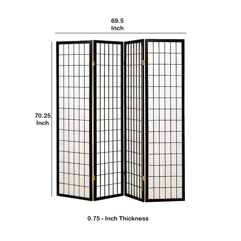 4 Panel Foldable Wooden Frame Room Divider with Grid Design, Black-zoom-