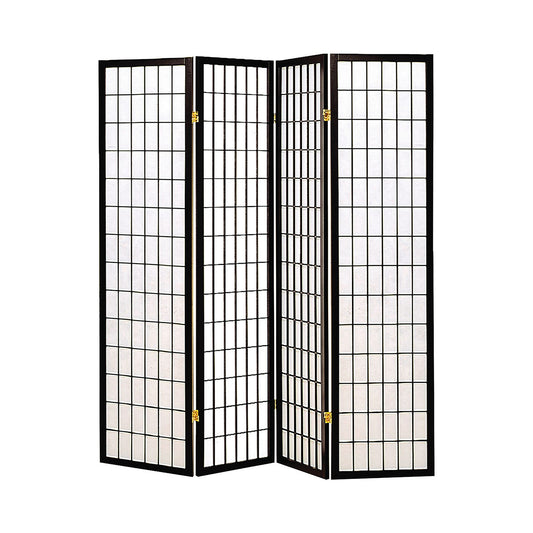 4 Panel Foldable Wooden Frame Room Divider with Grid Design, Black
