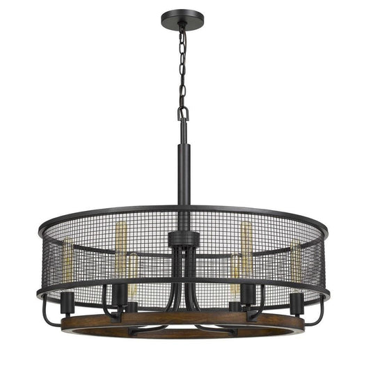 Grid Design Metal Chandelier With Round Wooden Accent Black