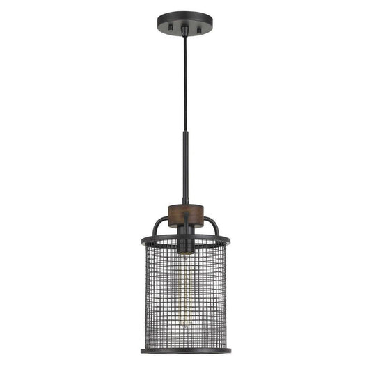 Cylindrical Grid Design Metal Chandelier With Wooden Accent Black