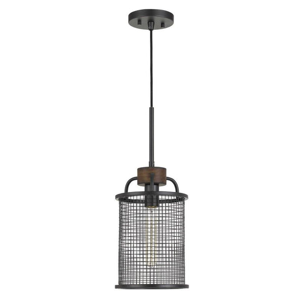 Cylindrical Grid Design Metal Chandelier With Wooden Accent Black