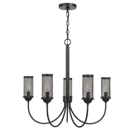 Metal Chandelier With 5 Cylindrical Wire Mesh Shades Black