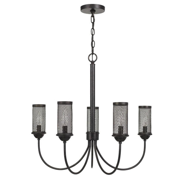 Metal Chandelier With 5 Cylindrical Wire Mesh Shades Black