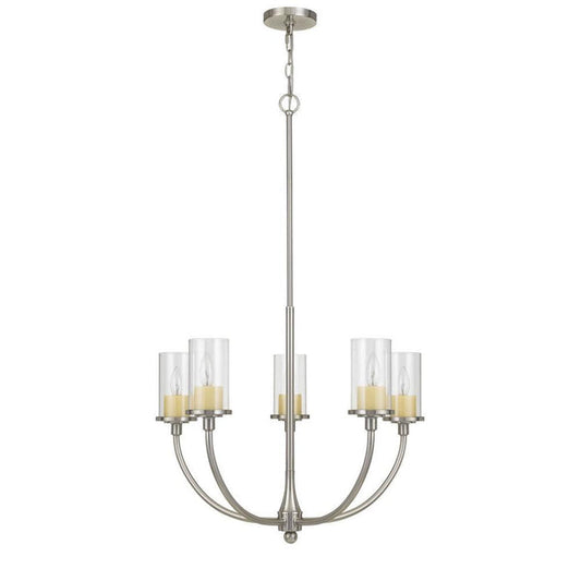 Metal Chandelier With 5 Cylindrical Glass Shades Silver