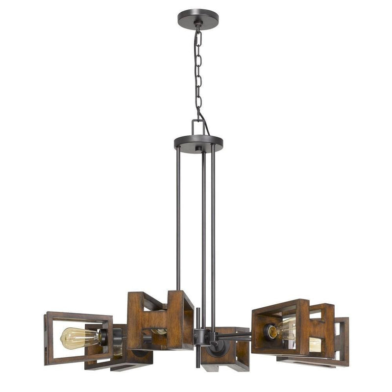 6 Bulb Chandelier With H Shaped Wooden Shades Brown-zoom-