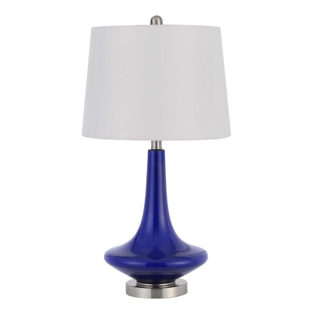 26 Inch Curved Bellied Base Glass Table Lamp Fabric Shade Set of 2 Blue