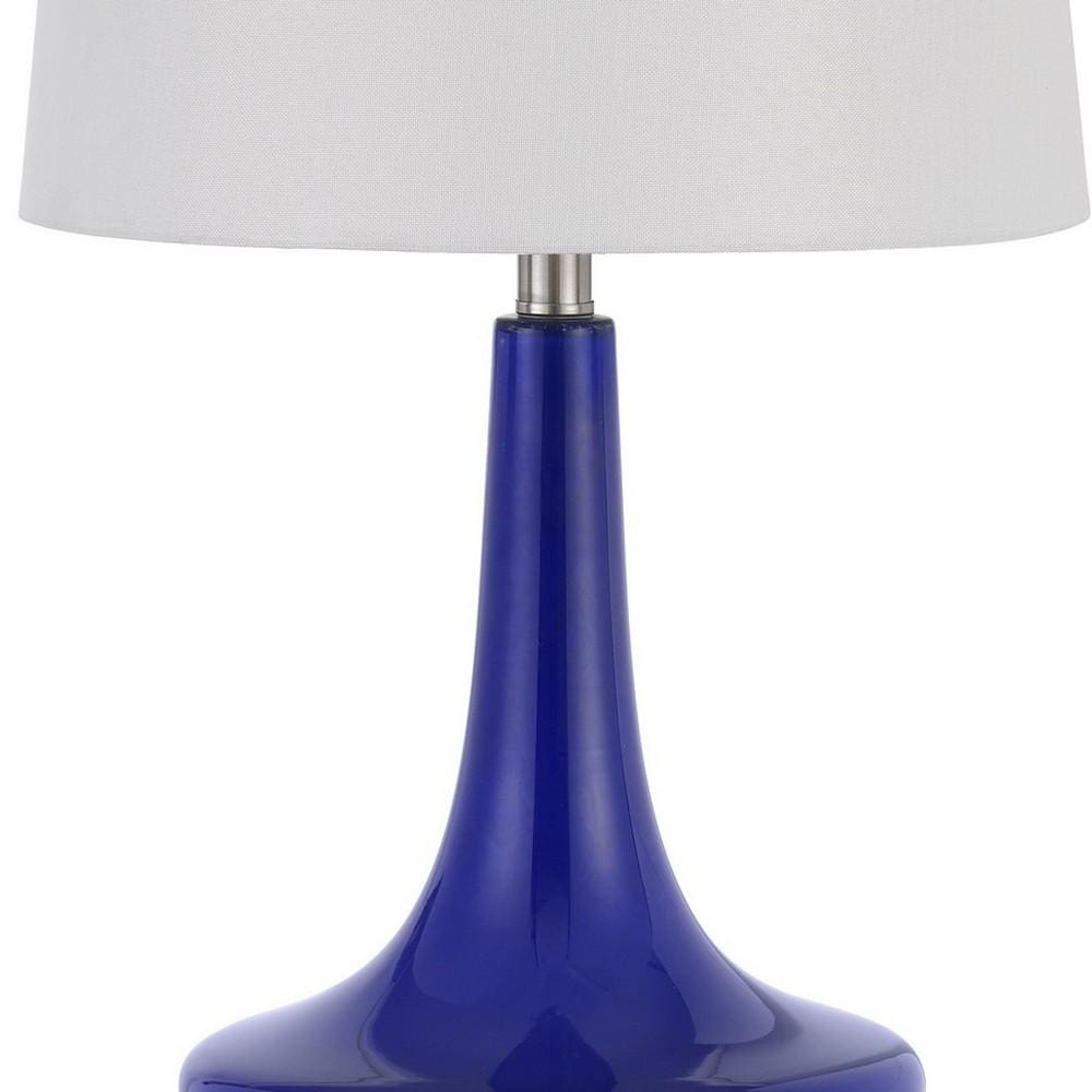26 Inch Curved Bellied Base Glass Table Lamp Fabric Shade Set of 2 Blue