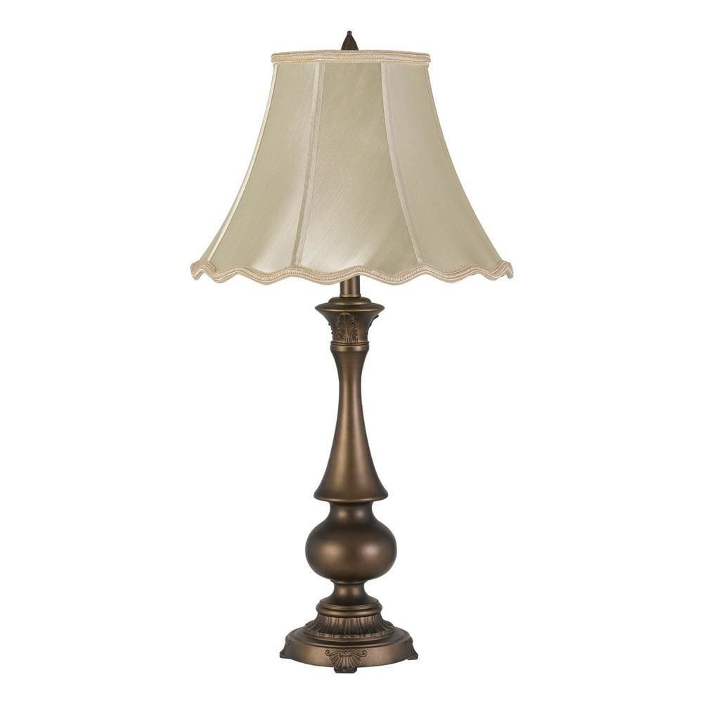 Turned Pedestal Stand Metal Table Lamp with Scalloped Shade Antique Brass-zoom-1