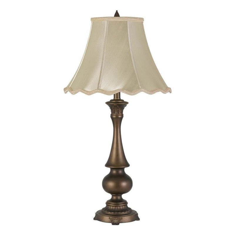 Turned Pedestal Stand Metal Table Lamp with Scalloped Shade Antique Brass-zoom-