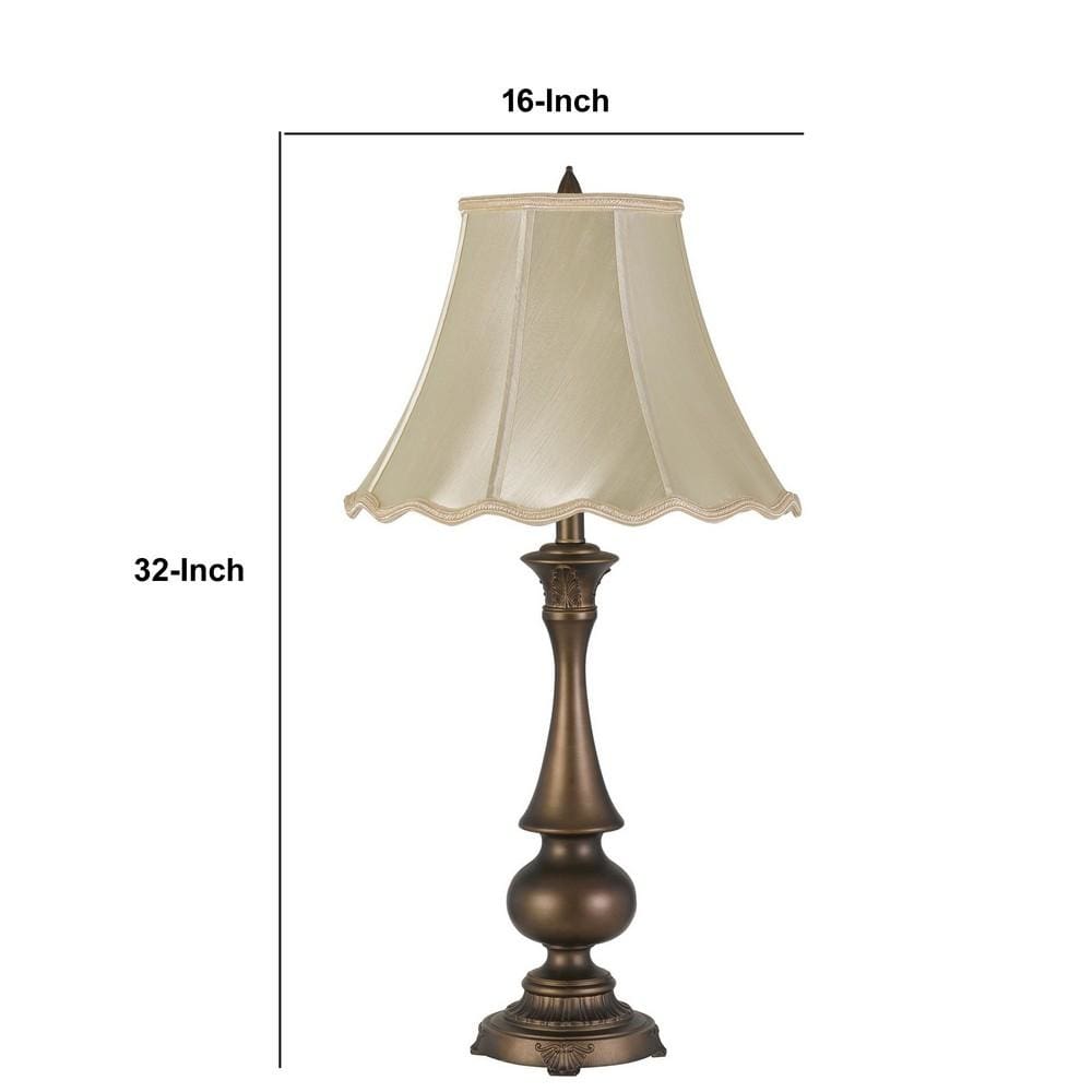Turned Pedestal Stand Metal Table Lamp with Scalloped Shade Antique Brass-zoom-5