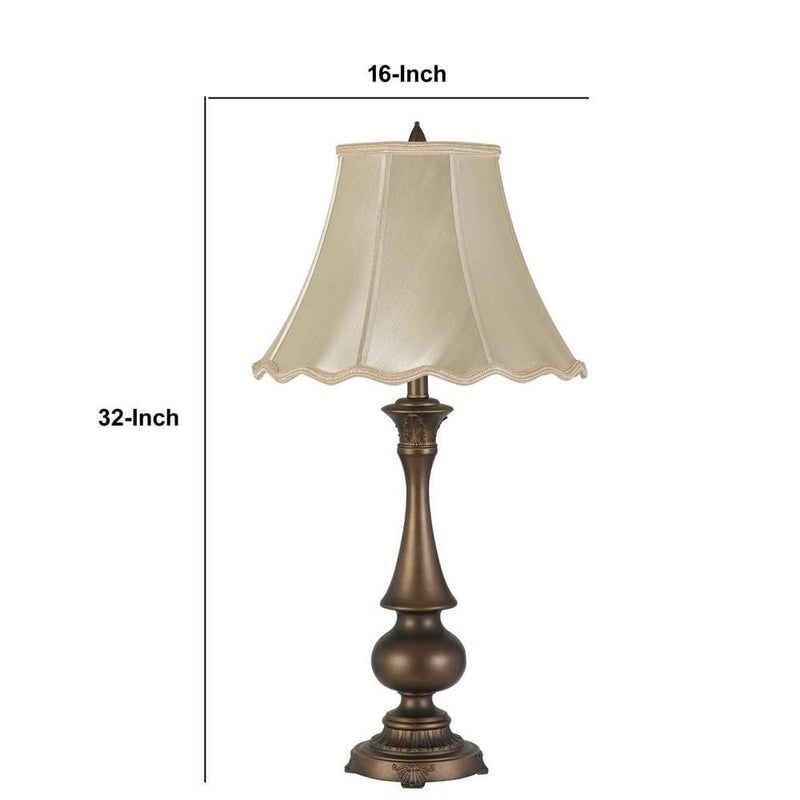 Turned Pedestal Stand Metal Table Lamp with Scalloped Shade Antique Brass-zoom-