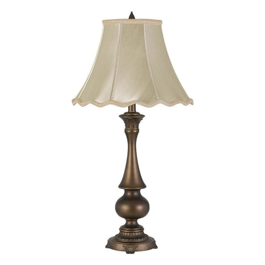 Turned Pedestal Stand Metal Table Lamp with Scalloped Shade Antique Brass