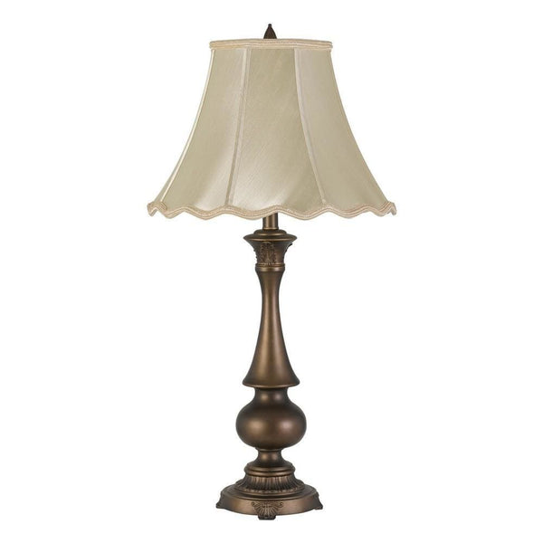 Turned Pedestal Stand Metal Table Lamp with Scalloped Shade Antique Brass