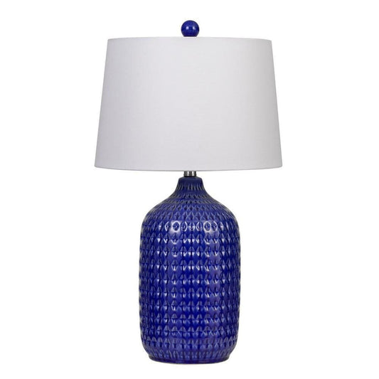 150 Watt Ceramic Table Lamp with Linen Hardback Shade White and Blue