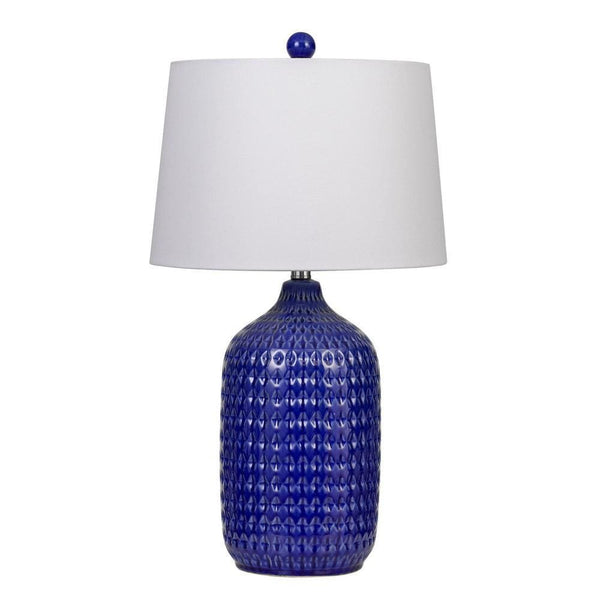 150 Watt Ceramic Table Lamp with Linen Hardback Shade White and Blue