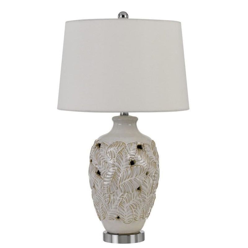 150 Watt Leaf Engraved Ceramic Base Table Lamp Off White-zoom-