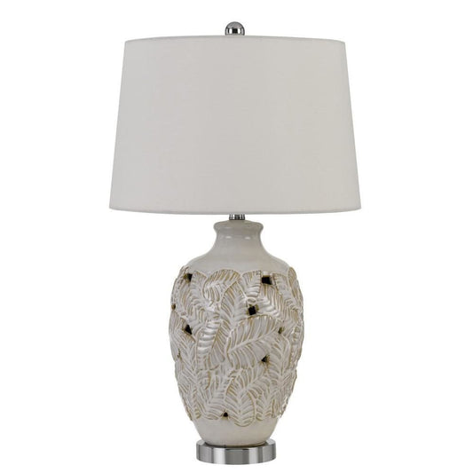 150 Watt Leaf Engraved Ceramic Base Table Lamp Off White