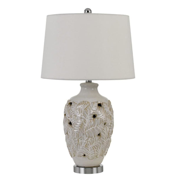 150 Watt Leaf Engraved Ceramic Base Table Lamp Off White