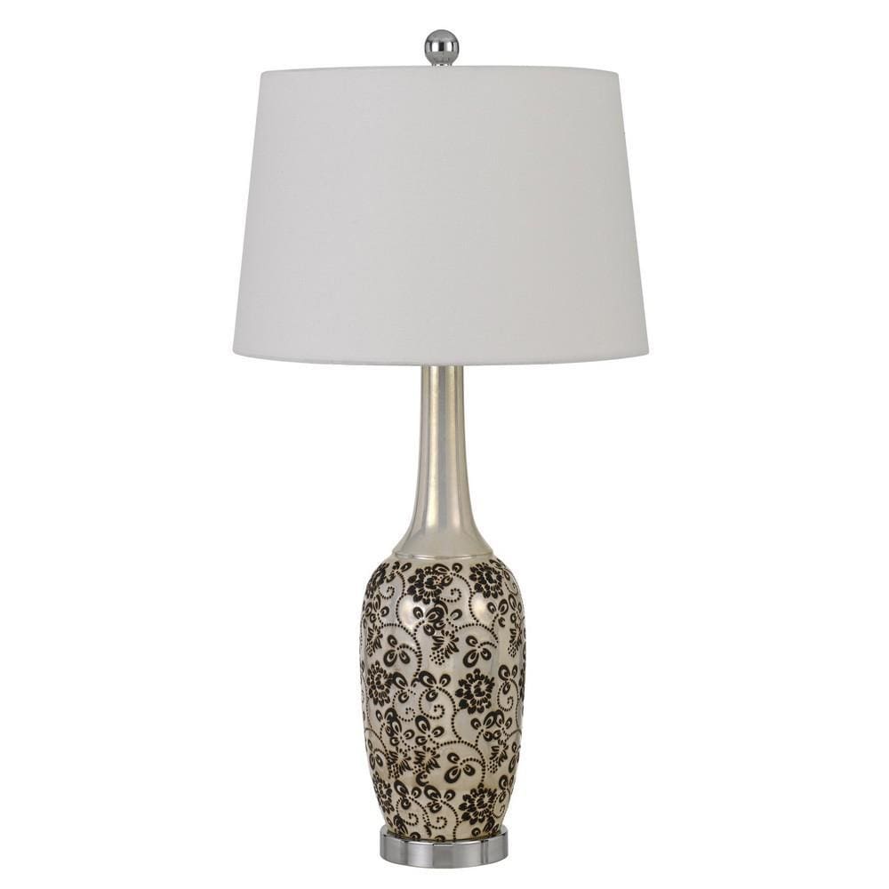 150 Watt Leaf Engraved Ceramic Base Table Lamp Silver and Black