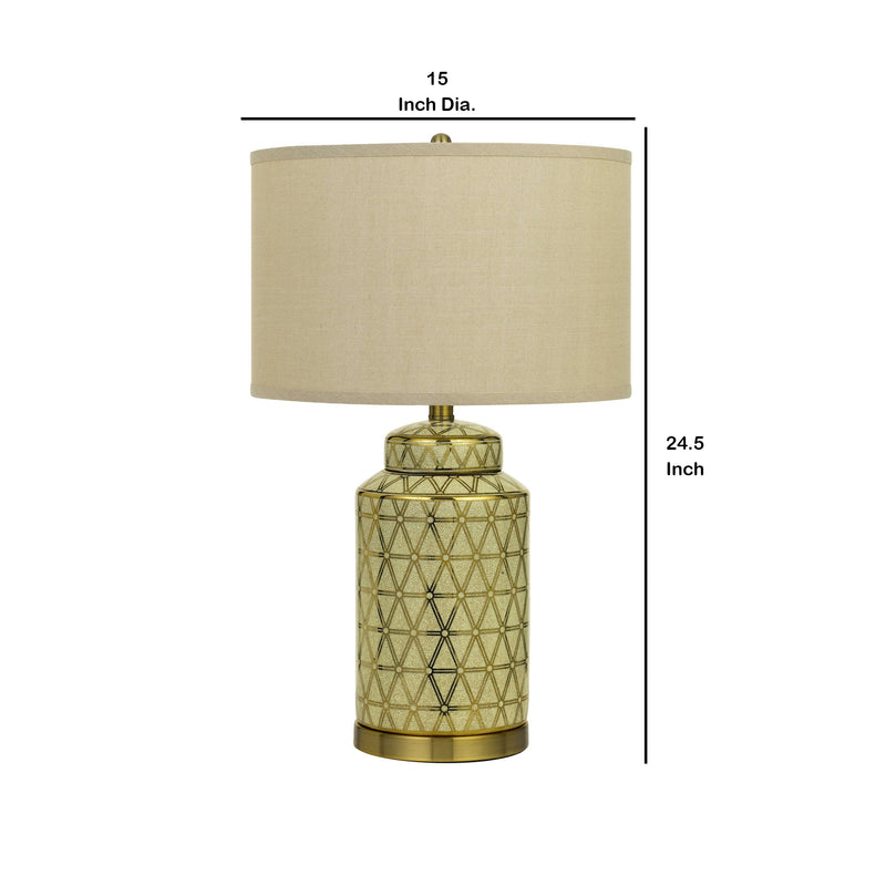 24.5" Ceramic Table Lamp with Geometric Style Accents Gold and Beige-zoom-