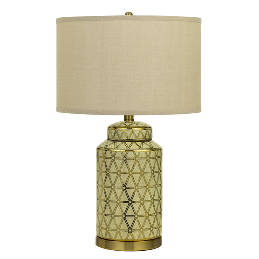 24.5" Ceramic Table Lamp with Geometric Style Accents Gold and Beige