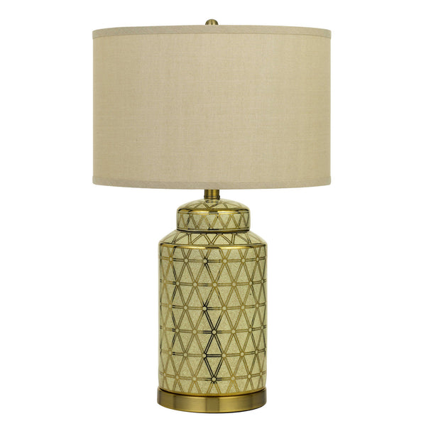 24.5 Ceramic Table Lamp with Geometric Style Accents Gold and Beige