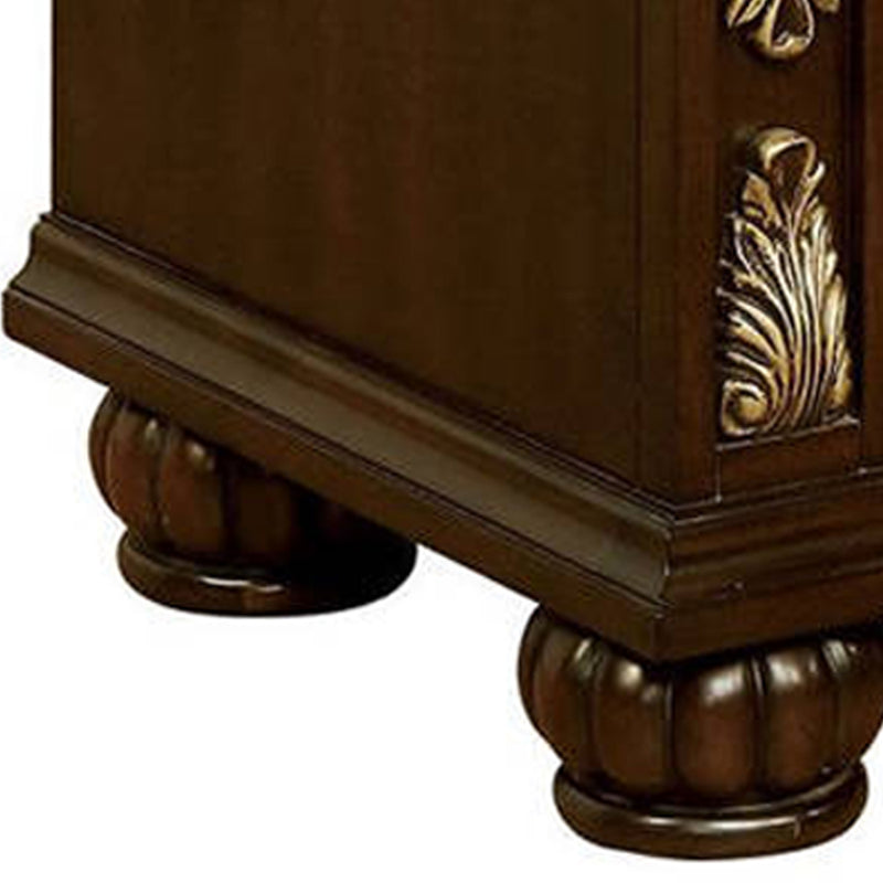 3 Drawer Wooden Nightstand With Decorative Accent And USB Plugin Brown-zoom-