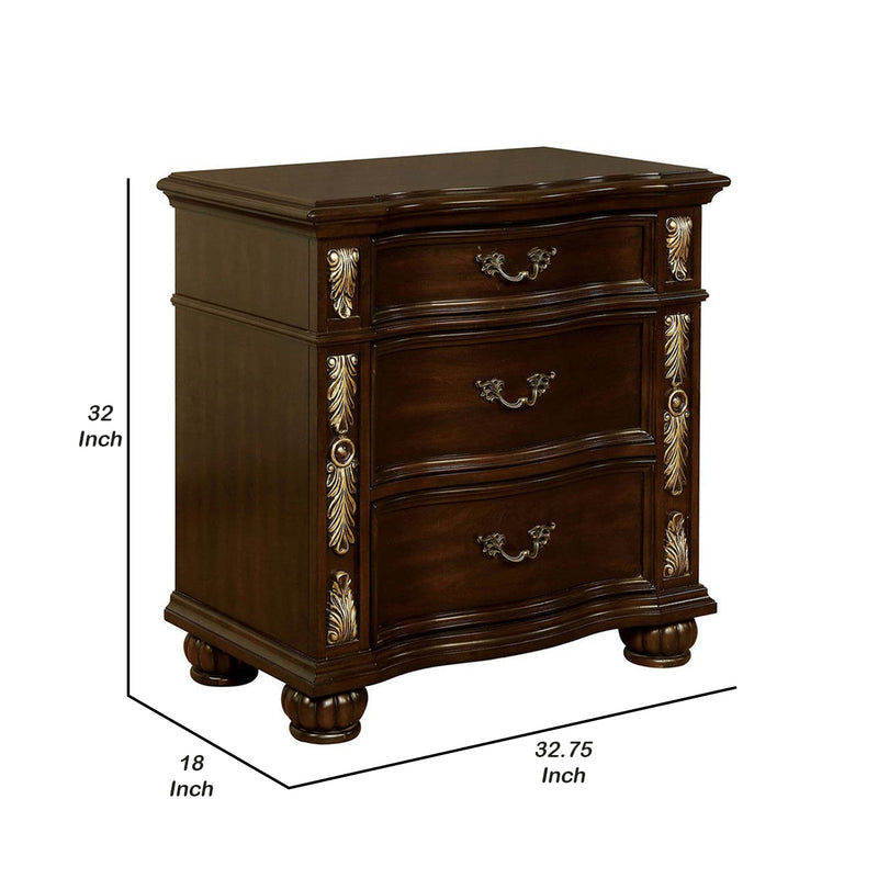 3 Drawer Wooden Nightstand With Decorative Accent And USB Plugin Brown-zoom-