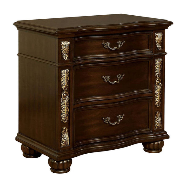 3 Drawer Wooden Nightstand With Decorative Accent And USB Plugin Brown