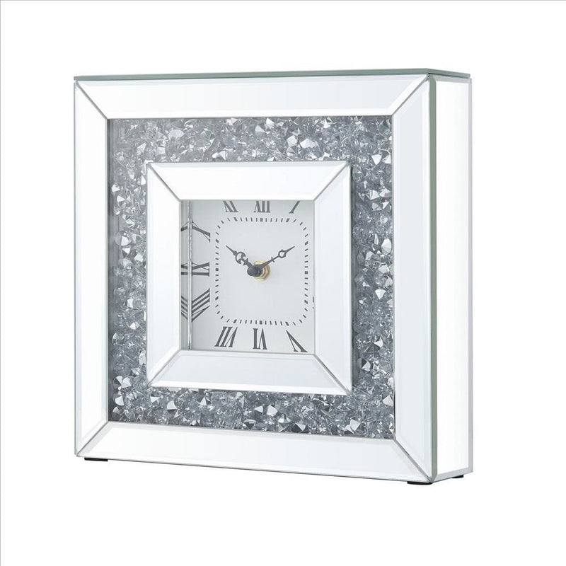 Square Mirrored Accent Clock With Faux Diamond Inlays Silver-zoom-