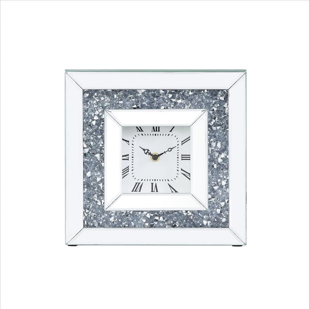 Square Mirrored Accent Clock With Faux Diamond Inlays Silver-zoom-2