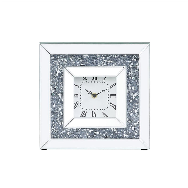 Square Mirrored Accent Clock With Faux Diamond Inlays Silver-zoom-