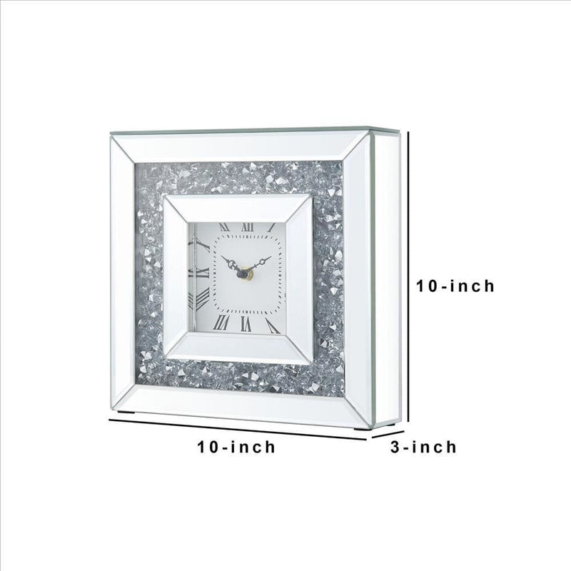 Square Mirrored Accent Clock With Faux Diamond Inlays Silver-zoom-