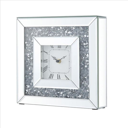 Square Mirrored Accent Clock With Faux Diamond Inlays Silver