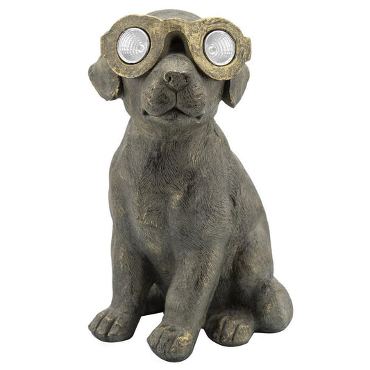 15 Inches Resin Sitting Dog Accent Decor With Solar Antique Gold