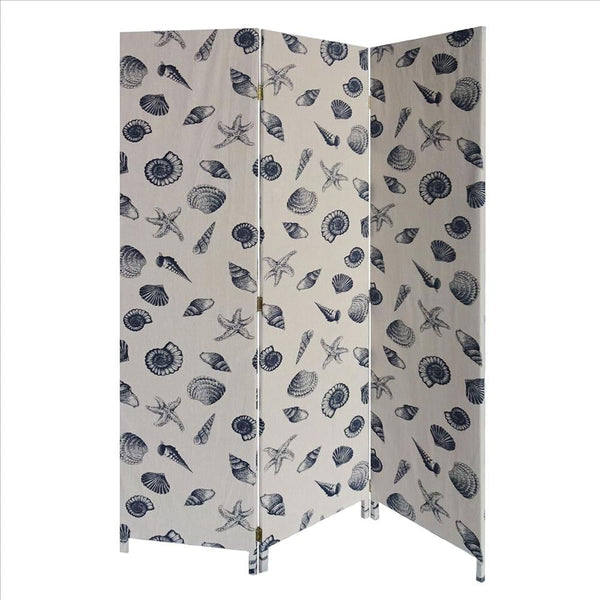 71 Inch 3 Panel Fabric Room Divider with Seashell Print, Blue-zoom-
