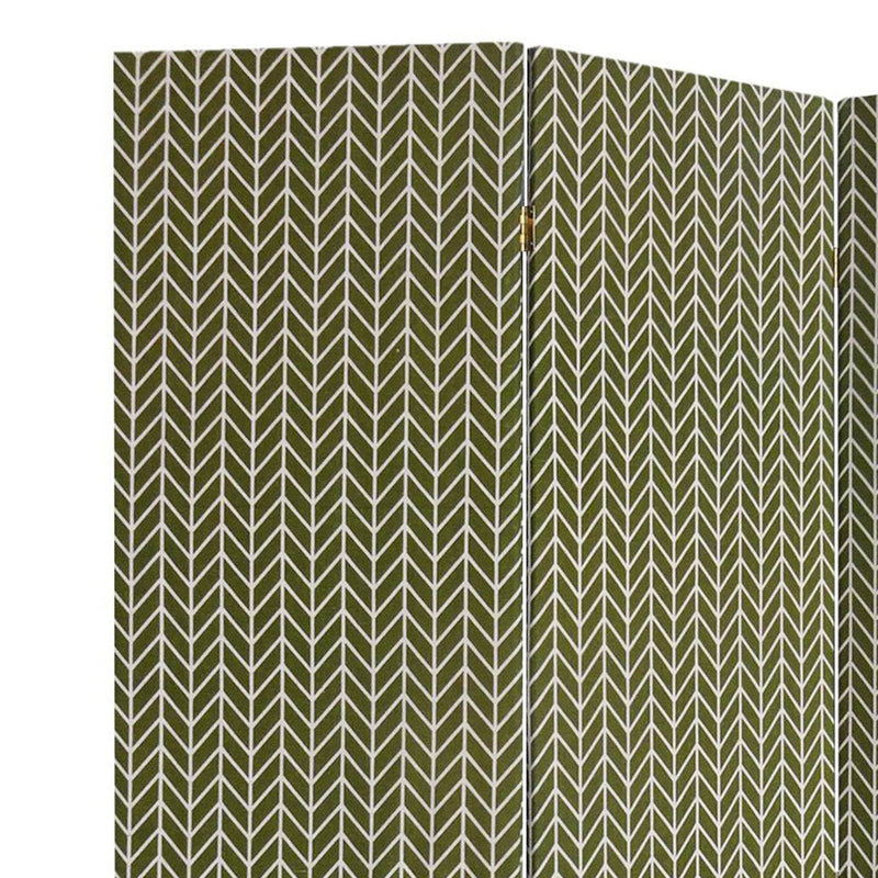 71 Inch 3 Panel Wood Room Divider, Herringbone Print, Fabric, White, Green-zoom-