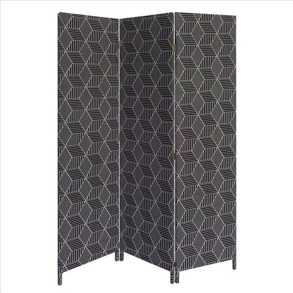 71 Inch 3 Panel Fabric Room Divider with Geometric Print, Black-zoom-1