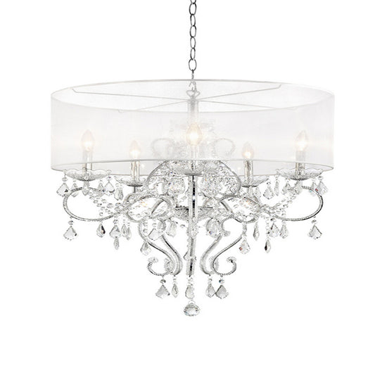 32 Inch Ceiling Lamp with Hanging Crystals Round Canopy Silver
