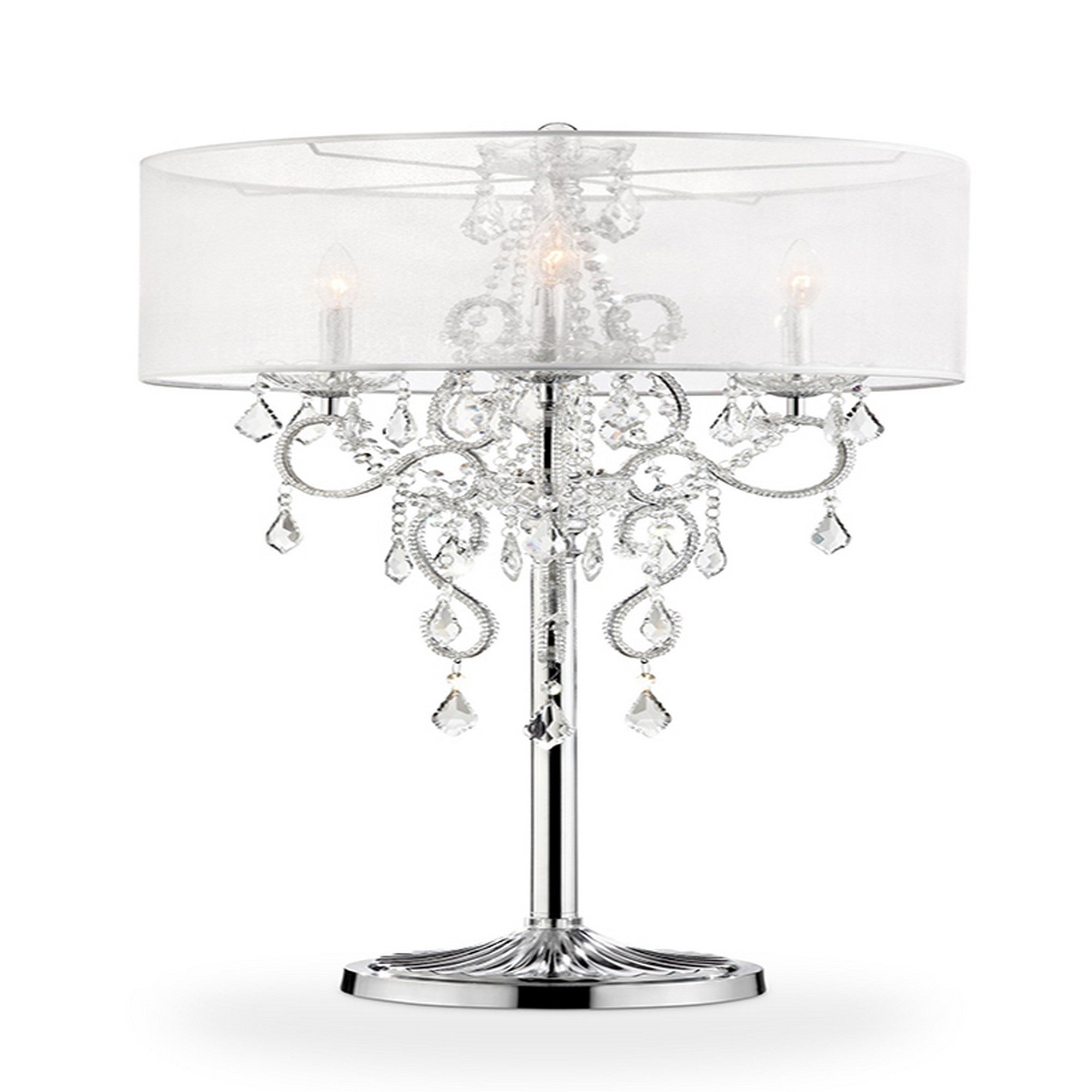 Table Lamp with Metal Base and Hanging Crystals Silver