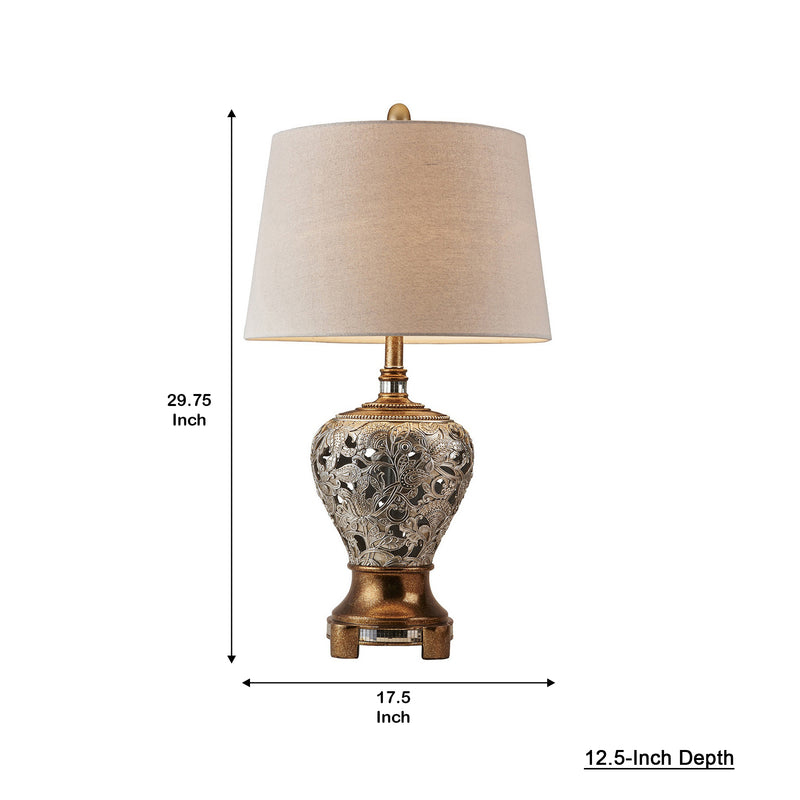 Table Lamp Polyresin Floral Body Fabric Shade Silver Gold-zoom-