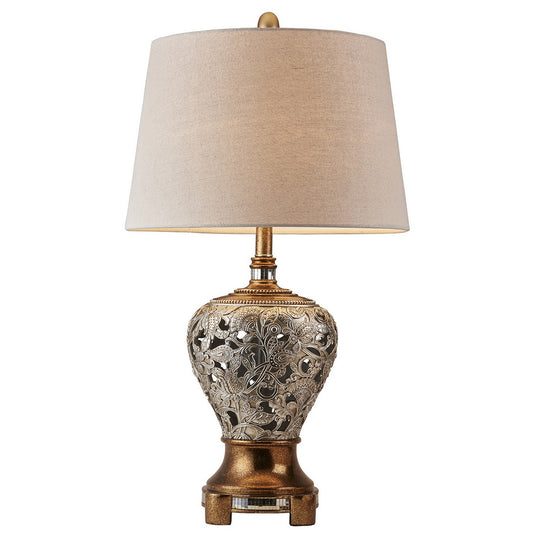 Table Lamp Polyresin Floral Body Fabric Shade Silver Gold
