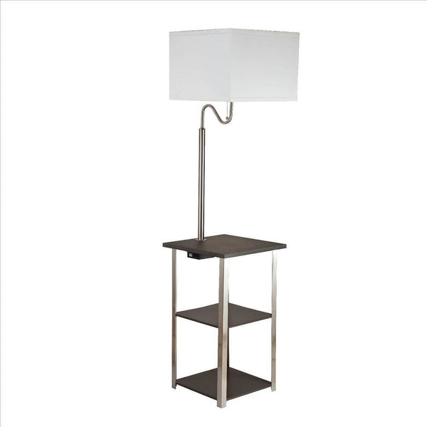 2 Shelf Wooden Side Table With Attached Floor Lamp Silver And Brown