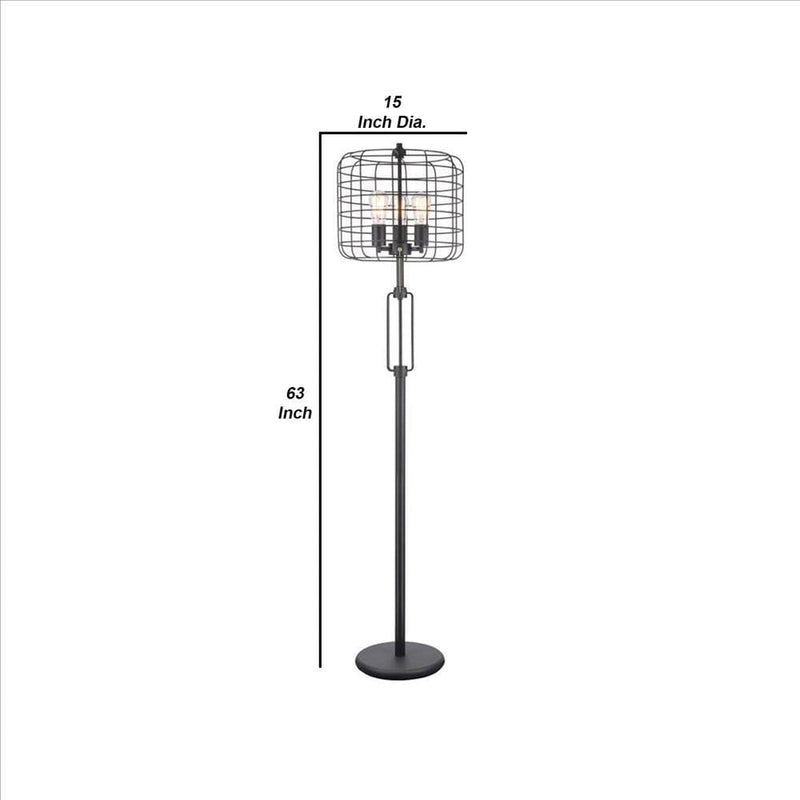 Cage Design Shade Metal Floor Lamp With Pull Chain Switch Black-zoom-