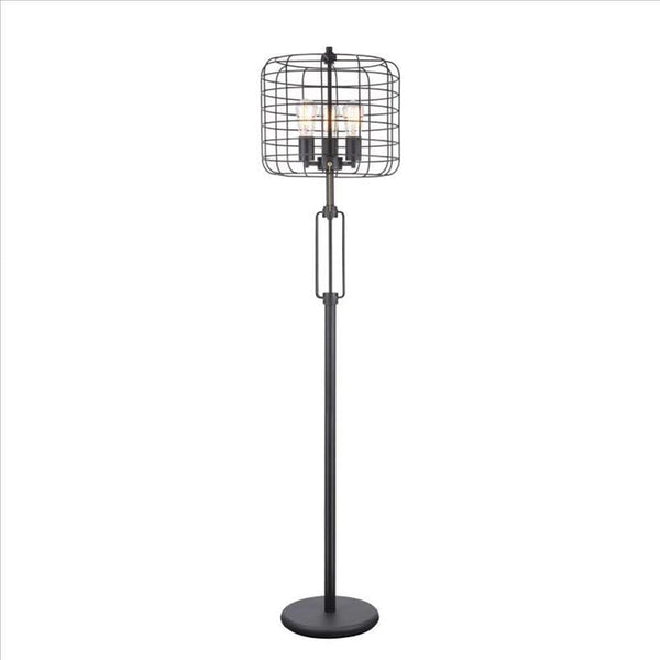 Cage Design Shade Metal Floor Lamp With Pull Chain Switch Black