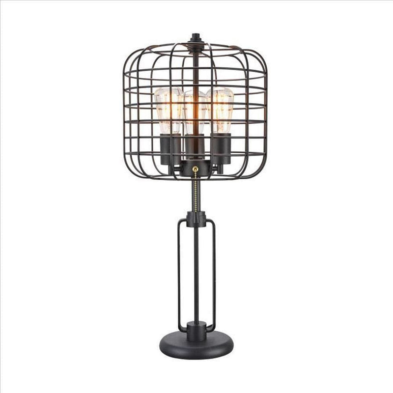 Cage Design Shade Metal Table Lamp with Pull Chain Switch Black-zoom-