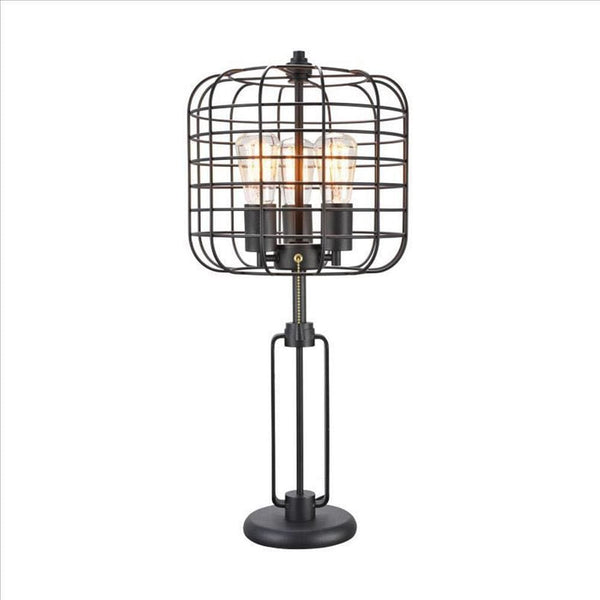 Cage Design Shade Metal Table Lamp with Pull Chain Switch Black