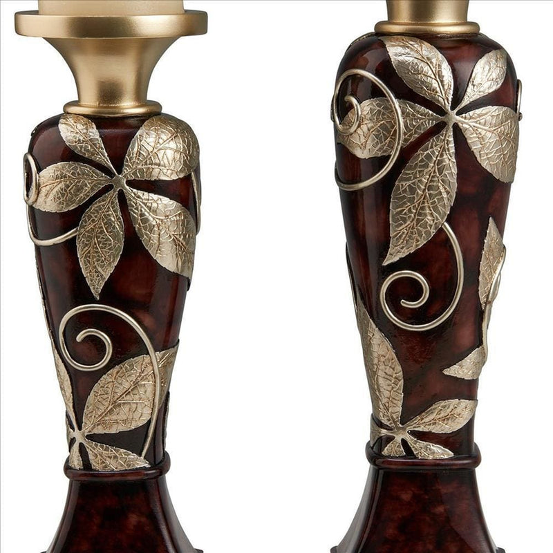 Candleholder With Urn Shaped Body And Foliage Pattern Set Of 2 Brown-zoom-